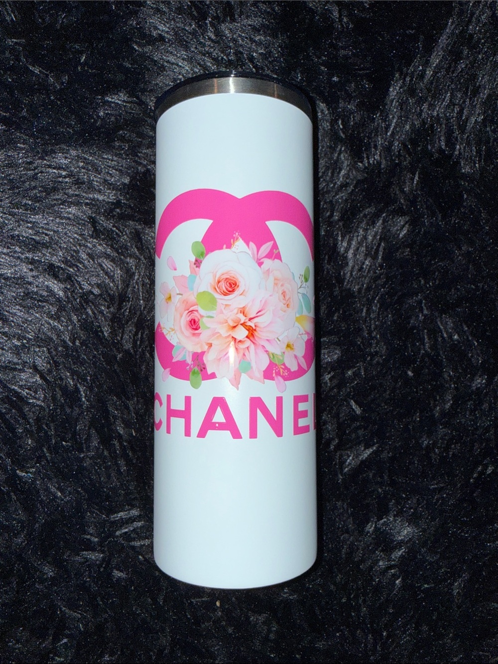 White Tumbler with Pink Floral Logo